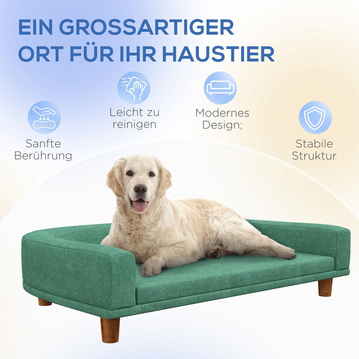 Dog Sofa Comfortable Pet Sofa With Cushion, Ideal For Large Dogs, Elevated Design, Wooden Legs, Green, 98X67X25Cm