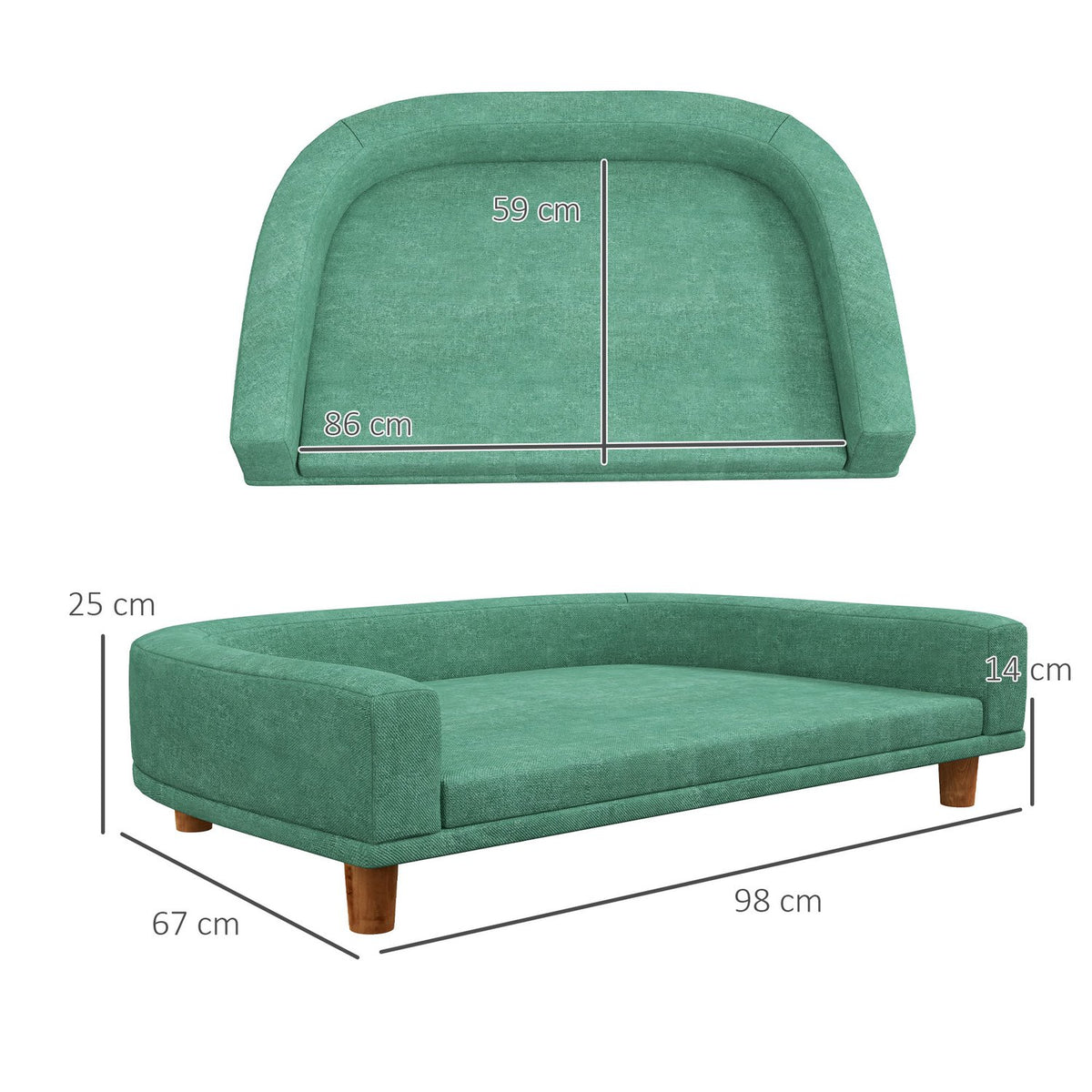 Dog Sofa Comfortable Pet Sofa With Cushion, Ideal For Large Dogs, Elevated Design, Wooden Legs, Green, 98X67X25Cm