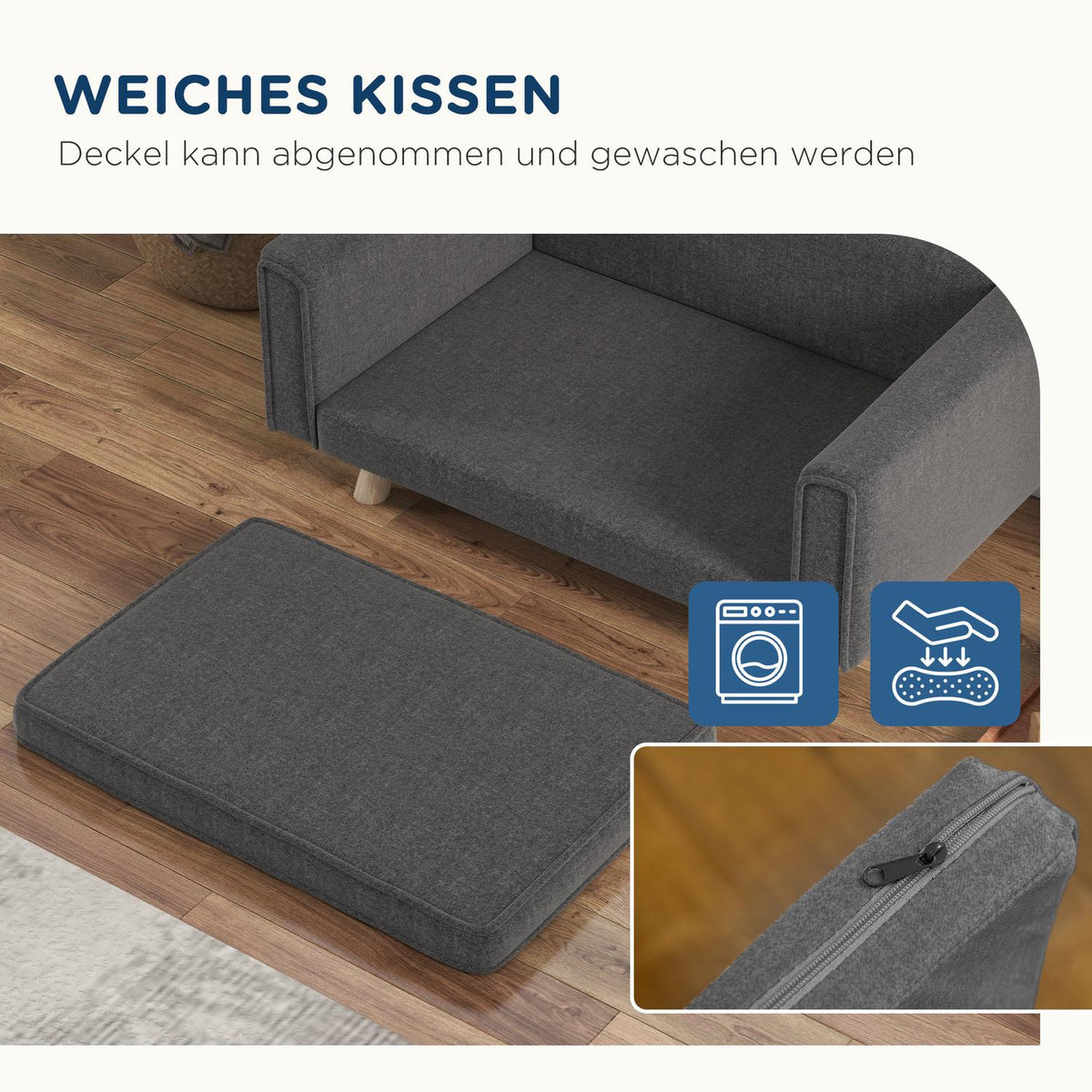 Dog Sofa, Dog Bed with Raised Design, Removable Washable Cover, Pet Sofa with Wooden Legs, for Small/Medium Dogs, Gray