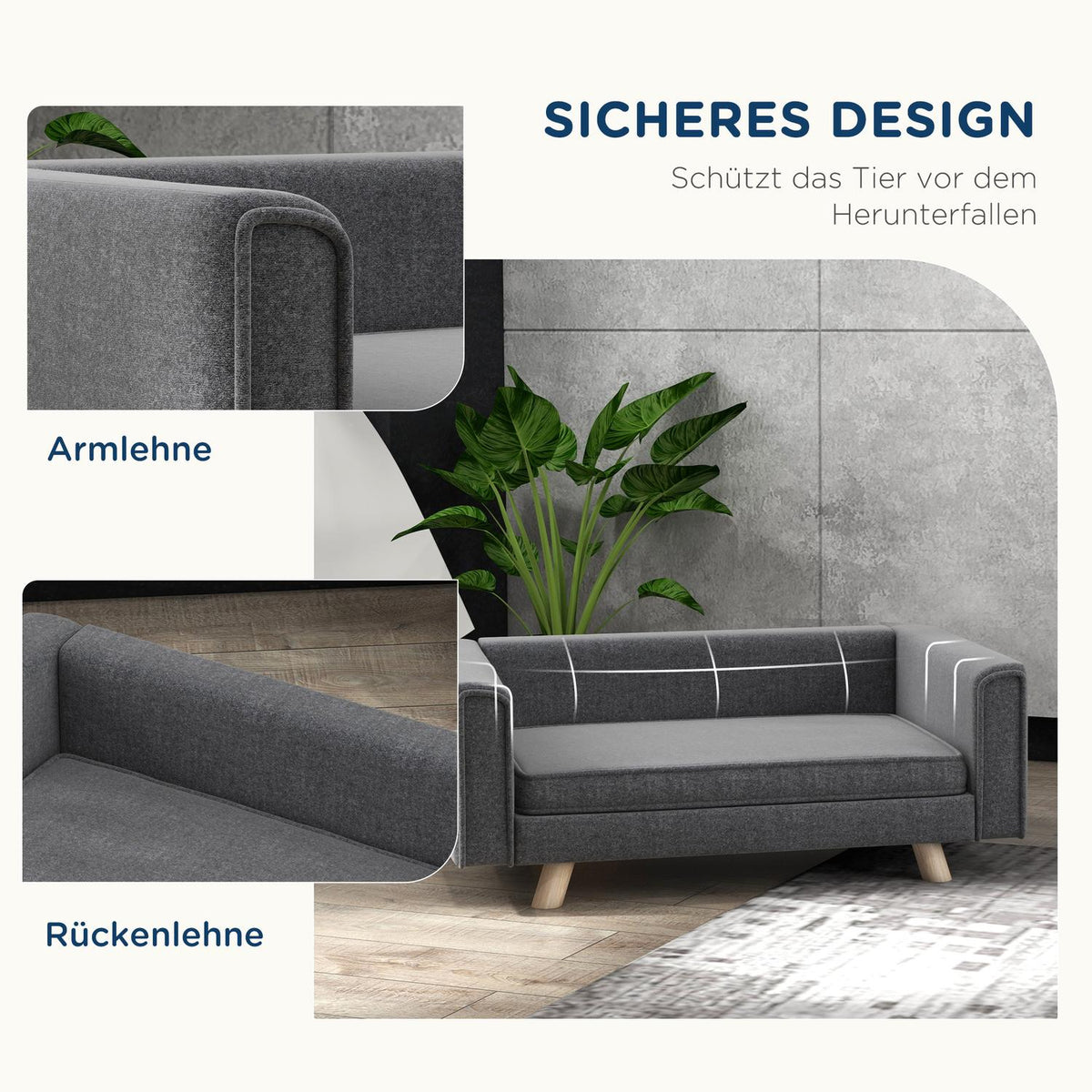Dog Sofa, Dog Bed with Raised Design, Removable Washable Cover, Pet Sofa with Wooden Legs, for Small/Medium Dogs, Gray