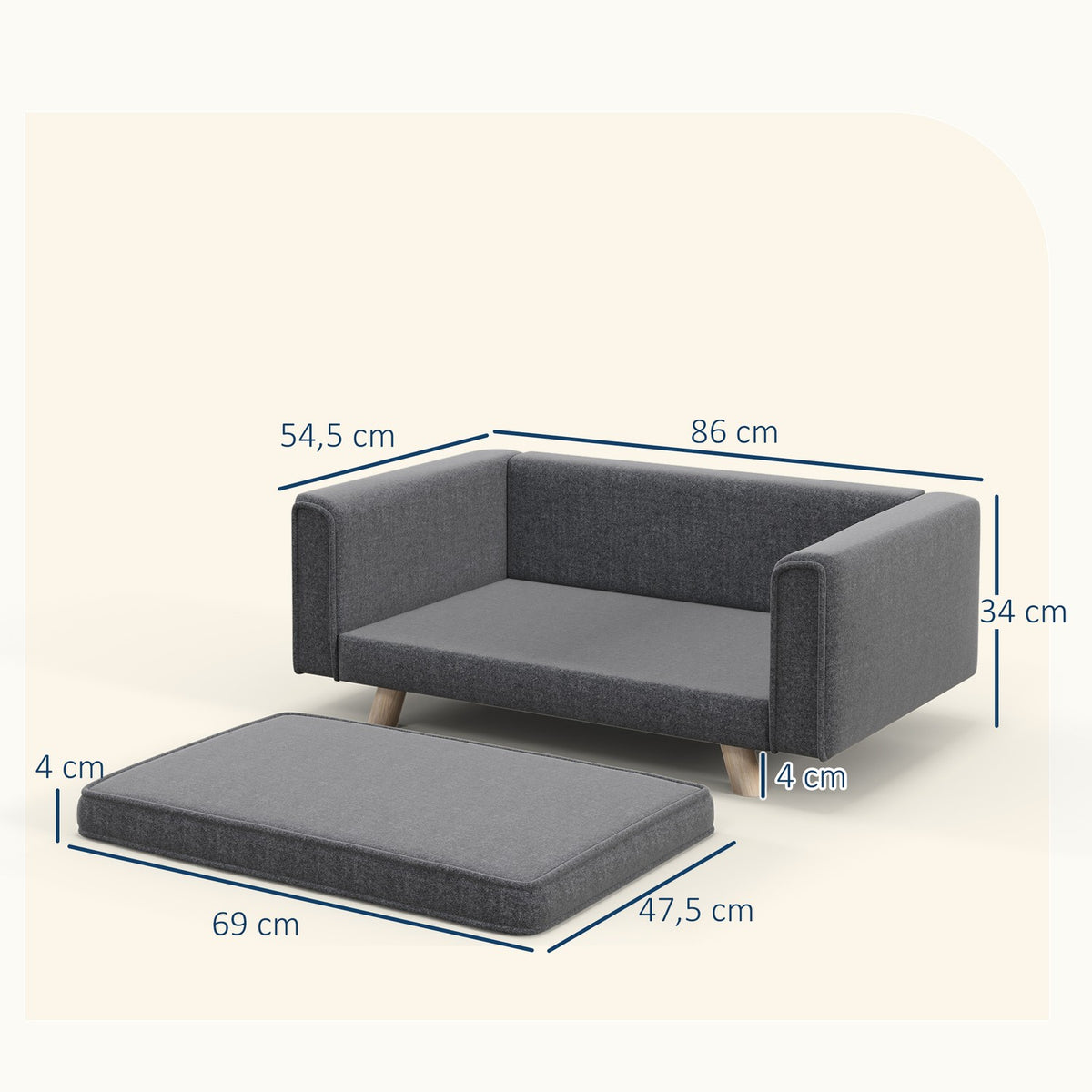 Dog Sofa, Dog Bed with Raised Design, Removable Washable Cover, Pet Sofa with Wooden Legs, for Small/Medium Dogs, Gray