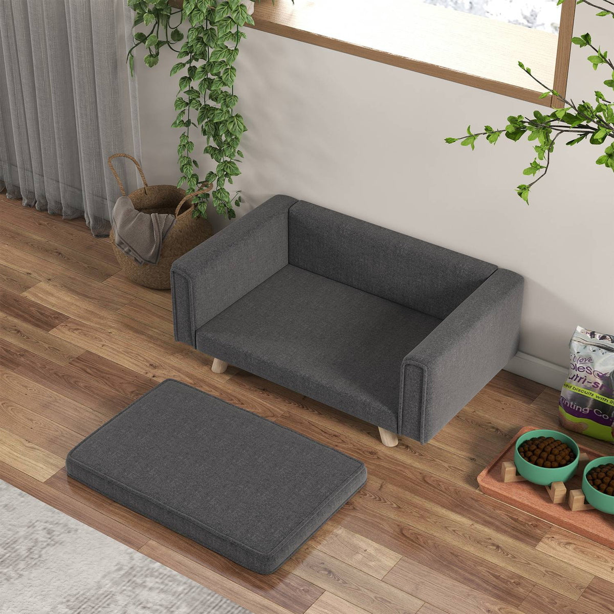 Dog Sofa, Dog Bed with Raised Design, Removable Washable Cover, Pet Sofa with Wooden Legs, for Small/Medium Dogs, Gray