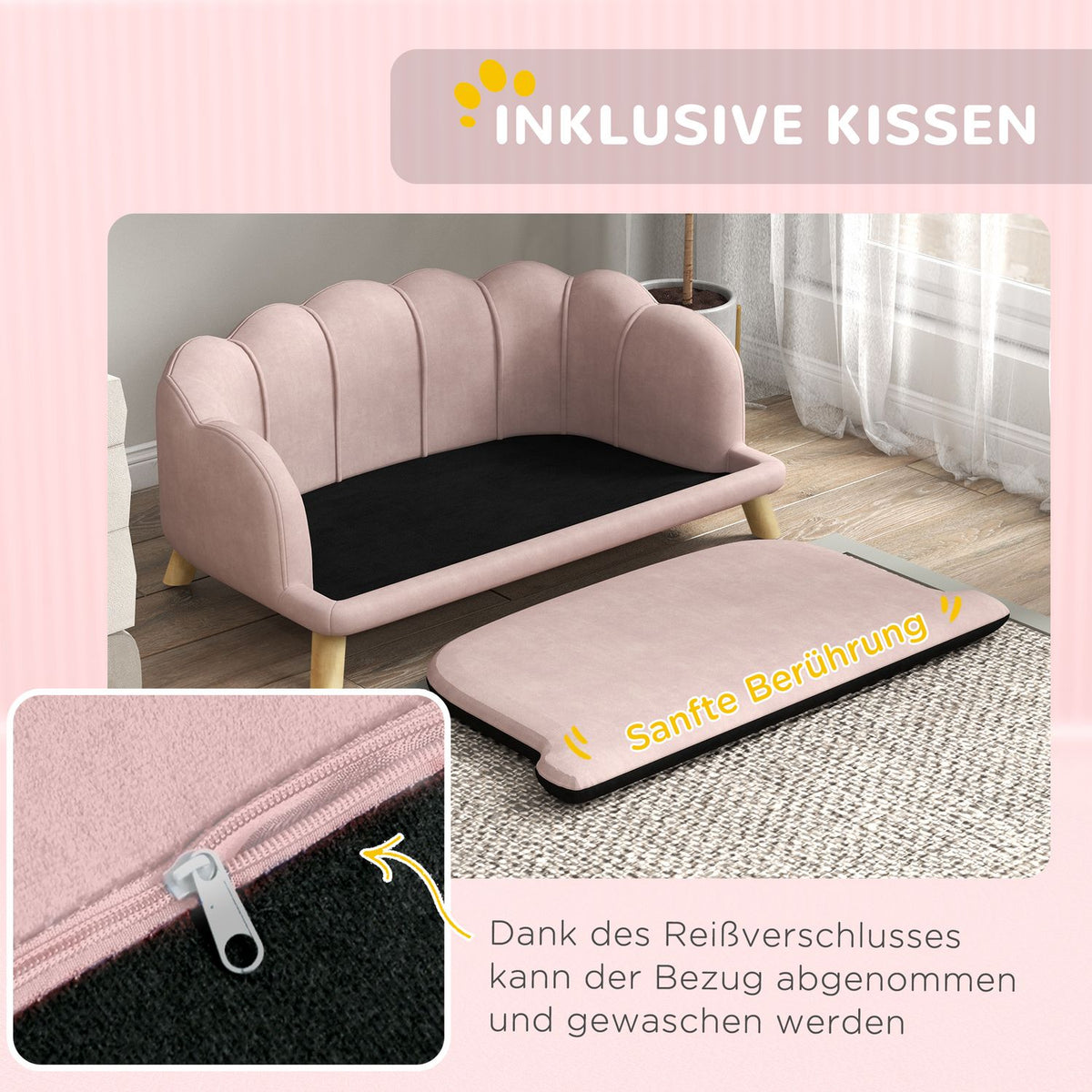 Dog Sofa Dog Couch Washable Cover Pet Sofa with Backrest and Wooden Legs Cat Sofa for Medium Dogs under 25kg Pink