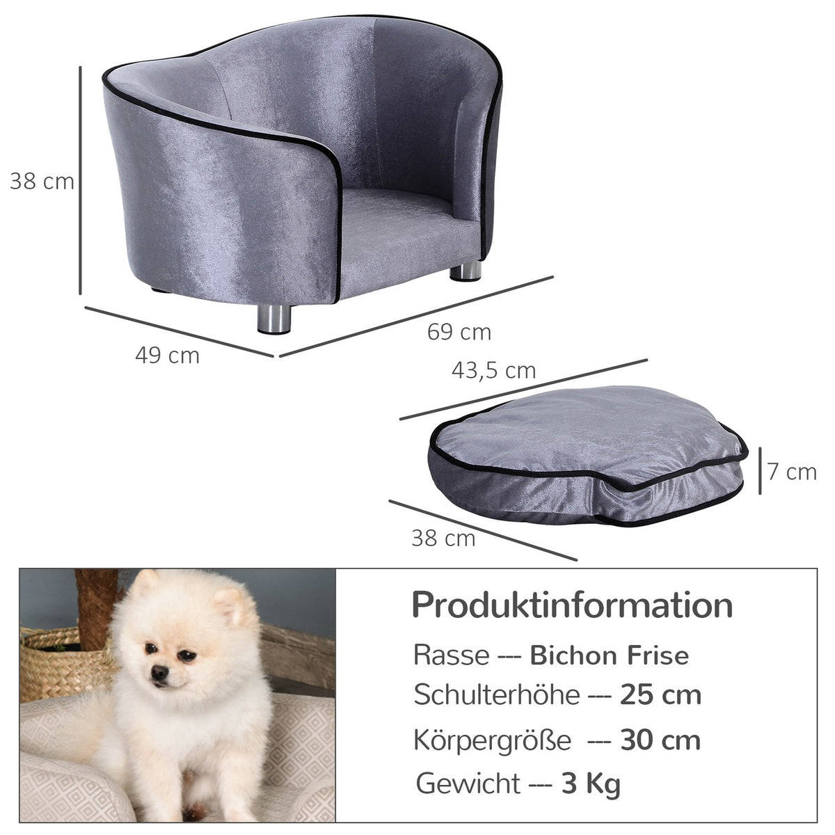 Dog Sofa Luxury Pet Sofa With Cushion Cat Sofa Raised Dog Bed Dog Couch Animal Bed Plush Fir Wood Light Gray 69 X 49 X 38 Cm