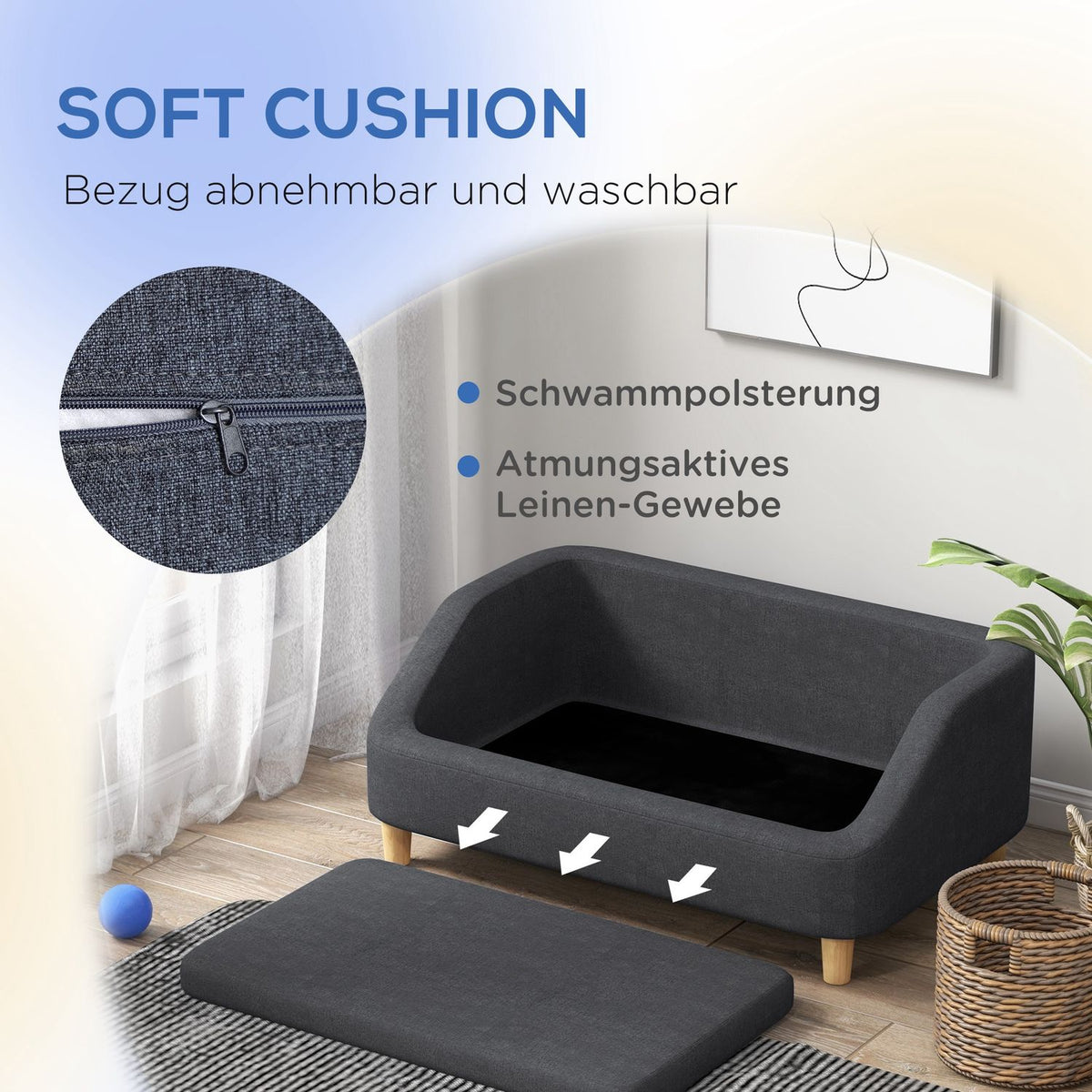Dog Sofa Pet Sofa For Medium & Large Dogs, Elevated Design With Wooden Legs, Dark Gray