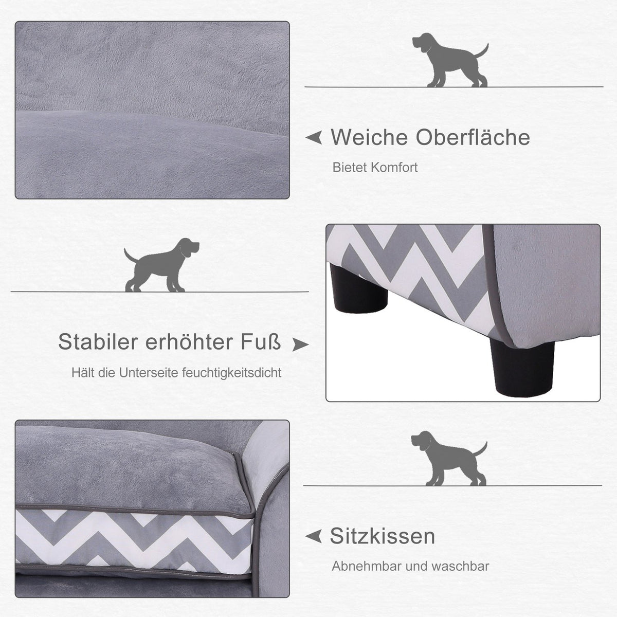 Dog Sofa Pet Sofa With Cushion, Raised Feet, Washable, Velvet, Gray, 73.5X41X33Cm