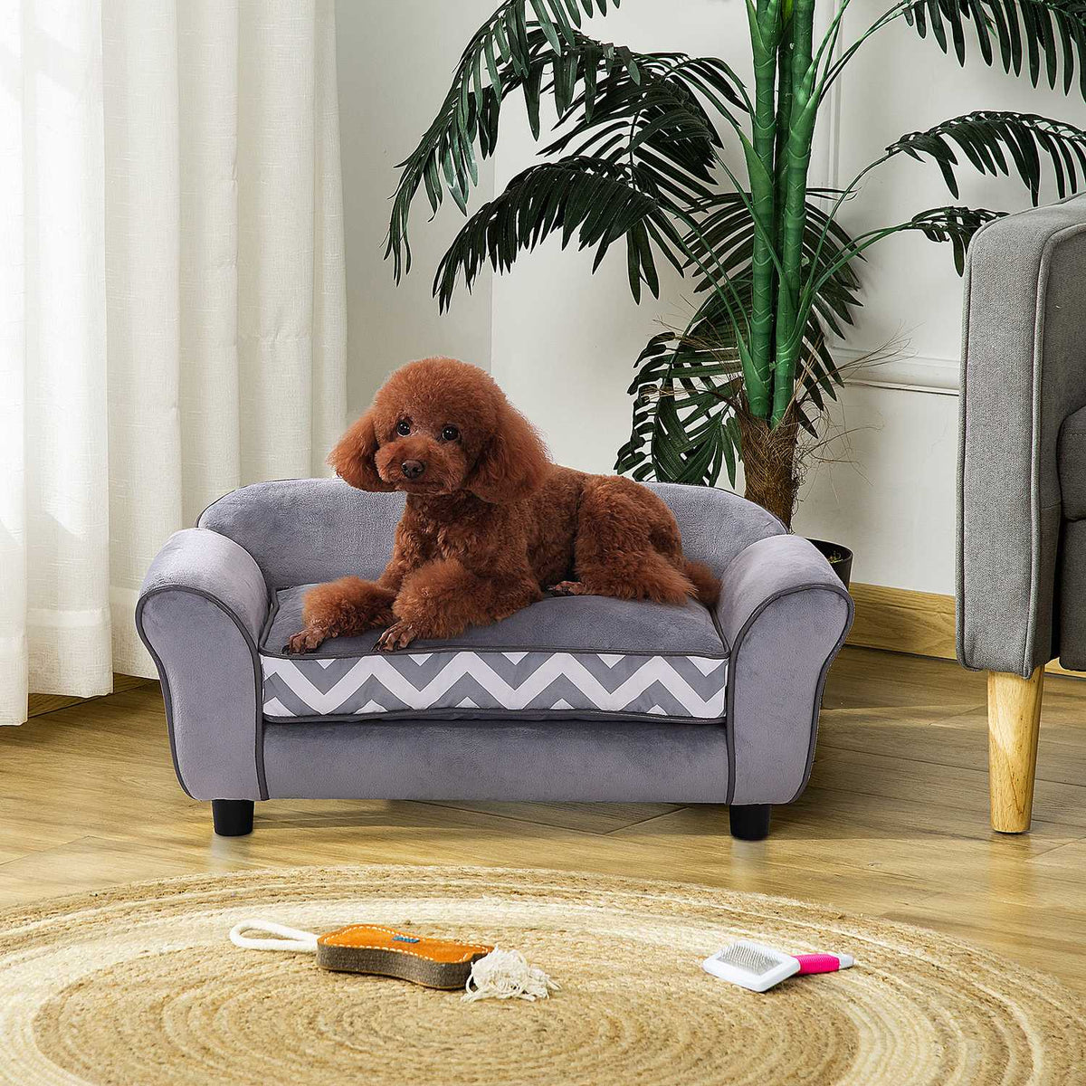 Dog Sofa Pet Sofa With Cushion, Raised Feet, Washable, Velvet, Gray, 73.5X41X33Cm