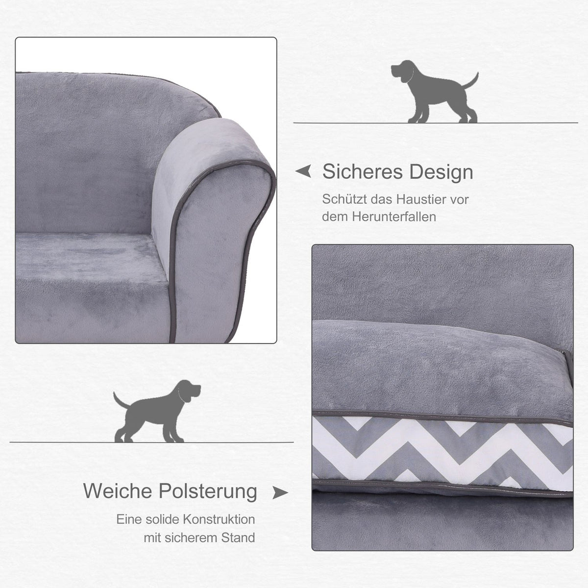 Dog Sofa Pet Sofa With Cushion, Raised Feet, Washable, Velvet, Gray, 73.5X41X33Cm