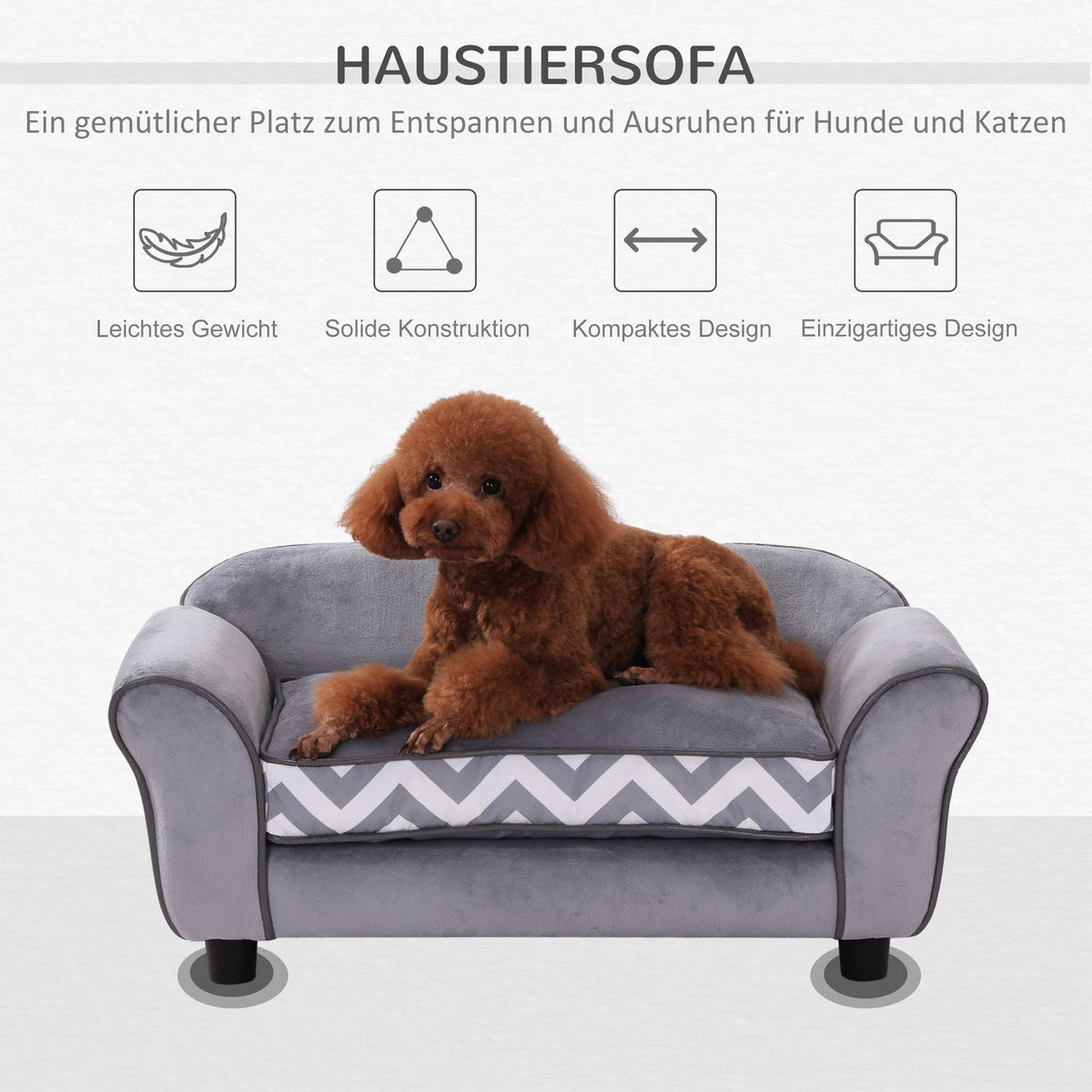 Dog Sofa Pet Sofa With Cushion, Raised Feet, Washable, Velvet, Gray, 73.5X41X33Cm