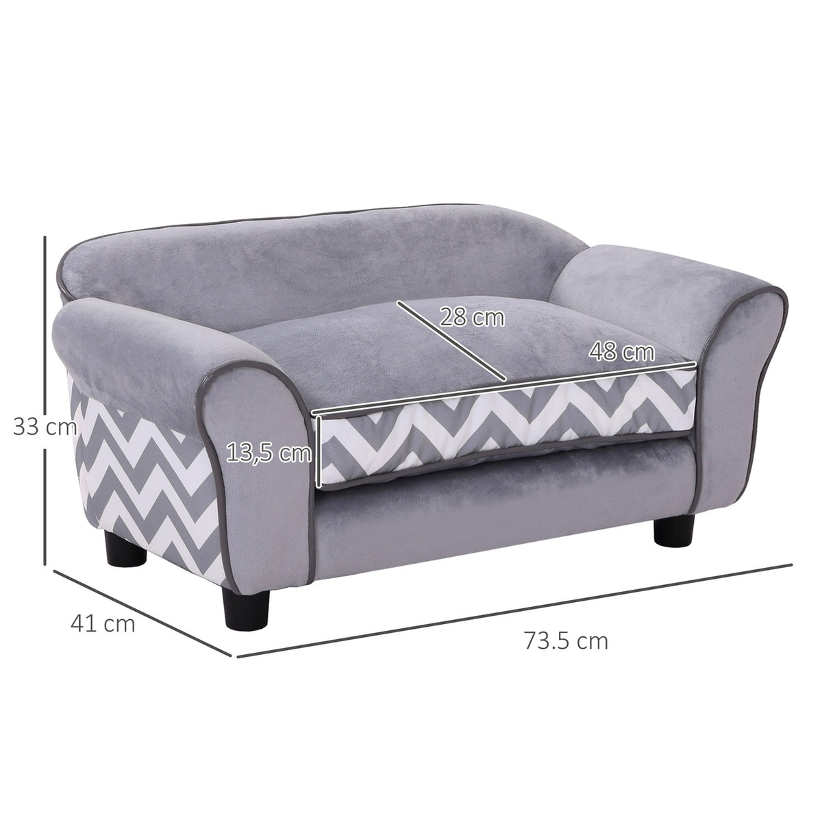 Dog Sofa Pet Sofa With Cushion, Raised Feet, Washable, Velvet, Gray, 73.5X41X33Cm