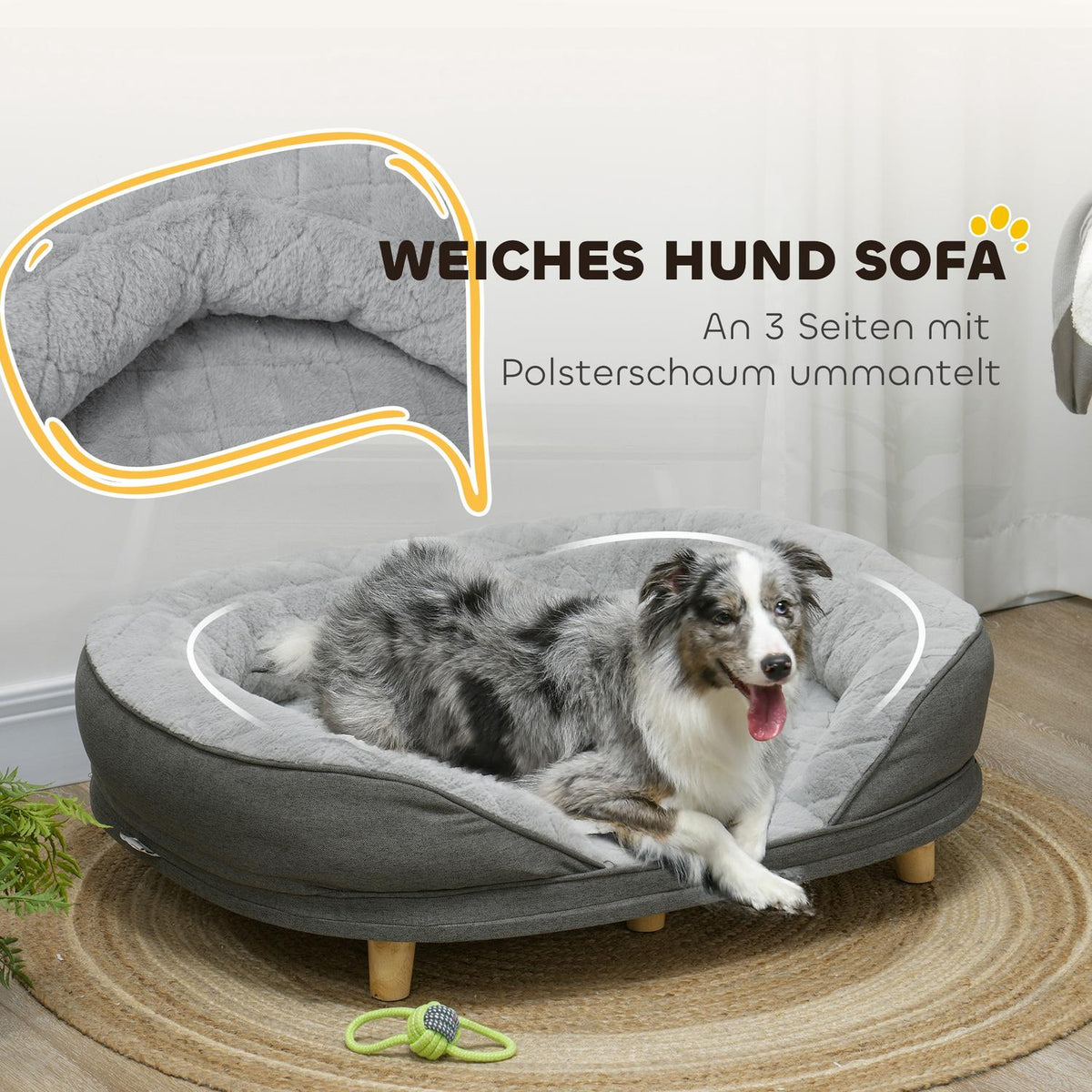 Dog Sofa Pet Sofa with Backrest and Wooden Legs Washable Cover for Medium Dogs under 25kg Gray