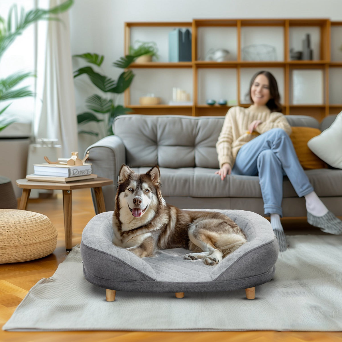 Dog Sofa Pet Sofa with Backrest and Wooden Legs Washable Cover for Medium Dogs under 25kg Gray