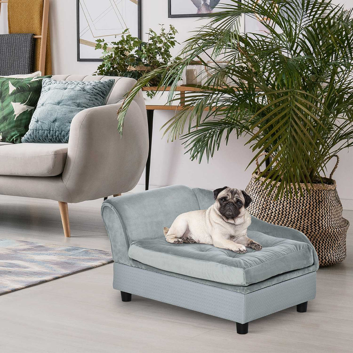 Dog Sofa Plush Dog Bed With Mat & Storage Space, Natural Wood, Light Blue, 76X45X41.5Cm