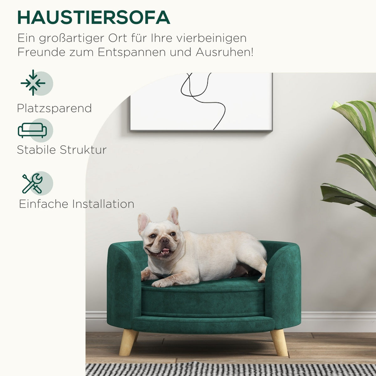 Dog Sofa Velvet Look Pet Sofa With Cushion, Raised Design & Wooden Legs, Green