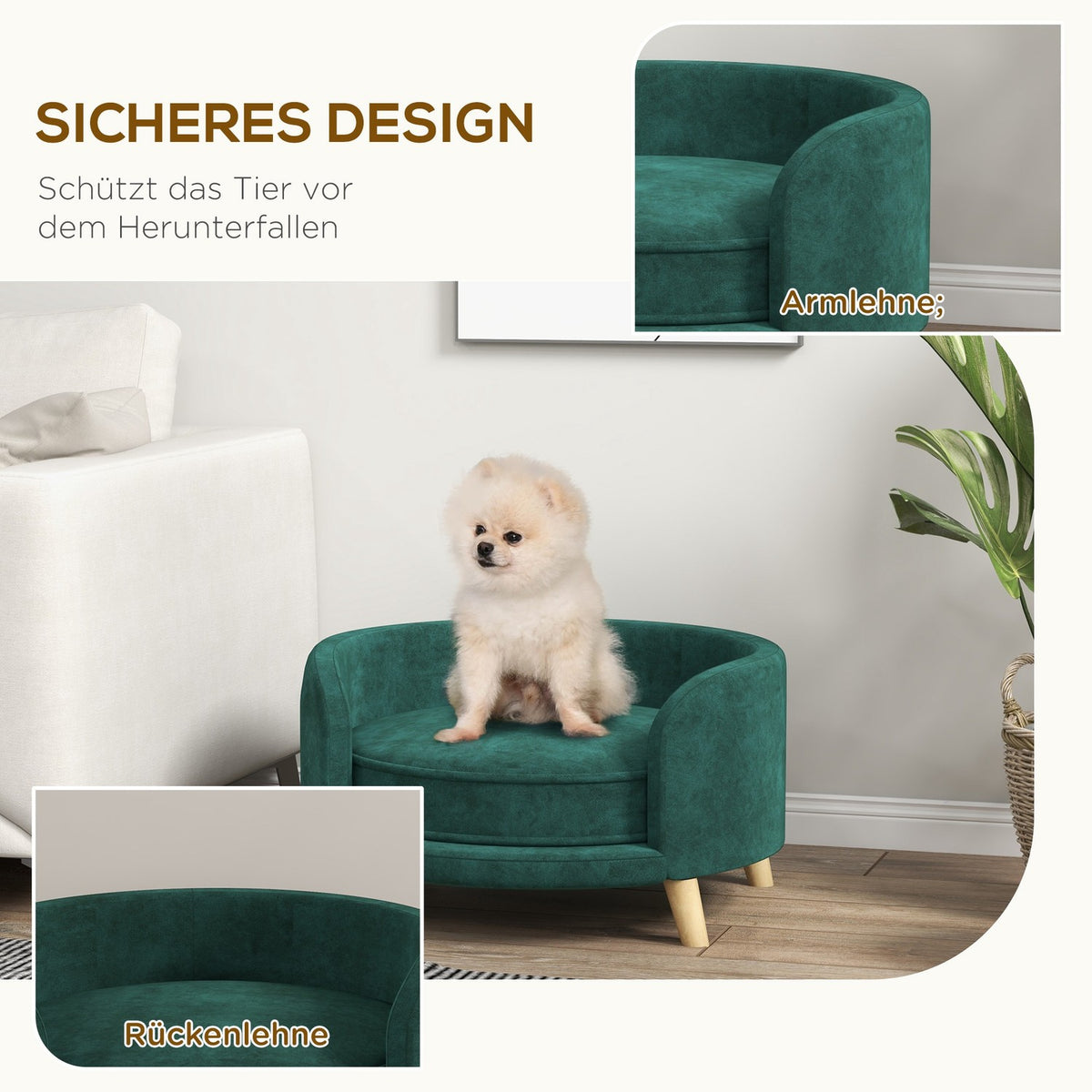 Dog Sofa Velvet Look Pet Sofa With Cushion, Raised Design & Wooden Legs, Green