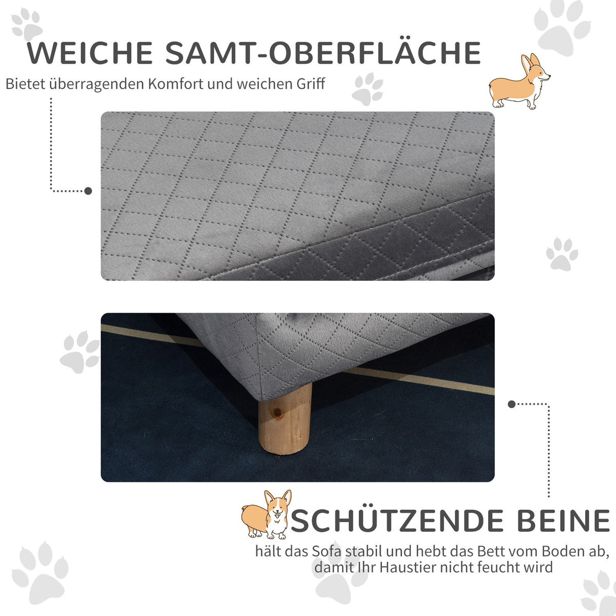 Dog Sofa Velvet Touch Pet Sofa For Small Dogs Up To 8Kg, With Wooden Legs, Gray, 64X45X36Cm