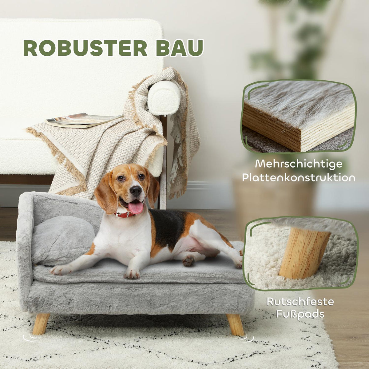 Dog Sofa for Medium Dogs, Dog Bed with Removable and Washable Cushion, Pet Sofa with Wooden Legs, Raised Design, 15kg, Light Gray