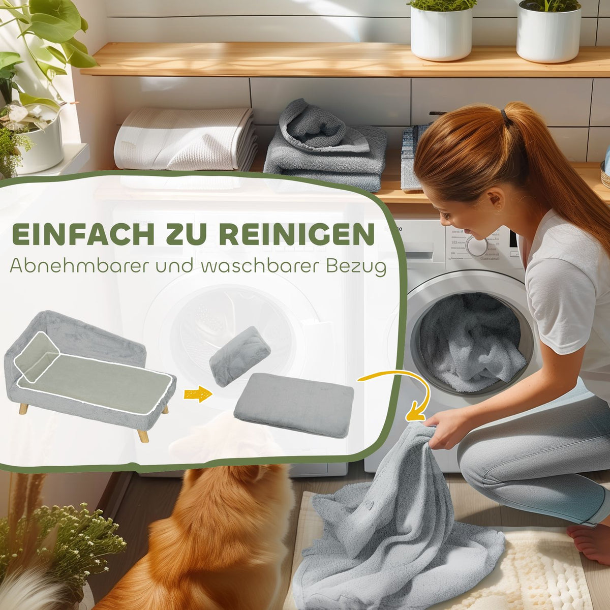 Dog Sofa for Medium Dogs, Dog Bed with Removable and Washable Cushion, Pet Sofa with Wooden Legs, Raised Design, 15kg, Light Gray