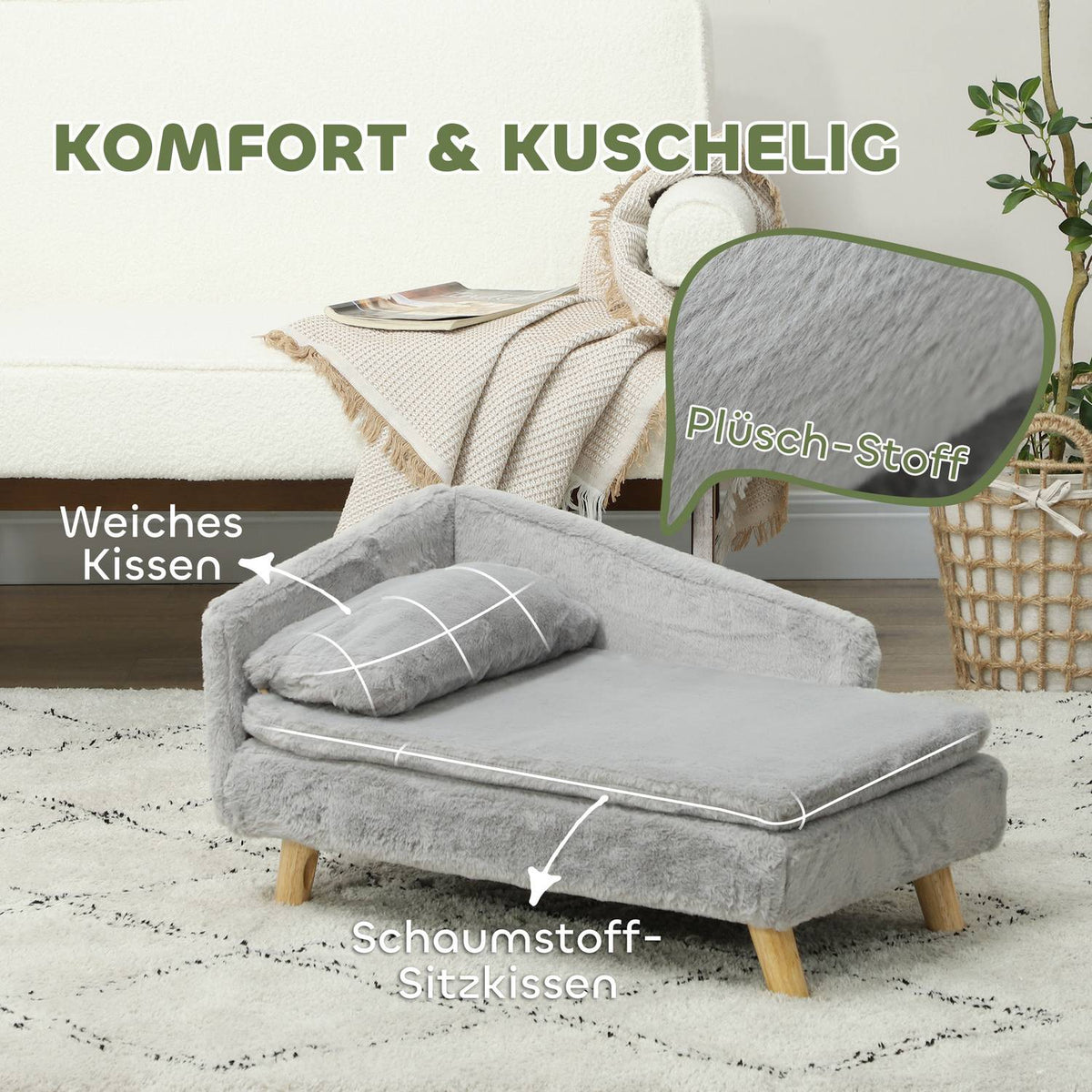 Dog Sofa for Medium Dogs, Dog Bed with Removable and Washable Cushion, Pet Sofa with Wooden Legs, Raised Design, 15kg, Light Gray