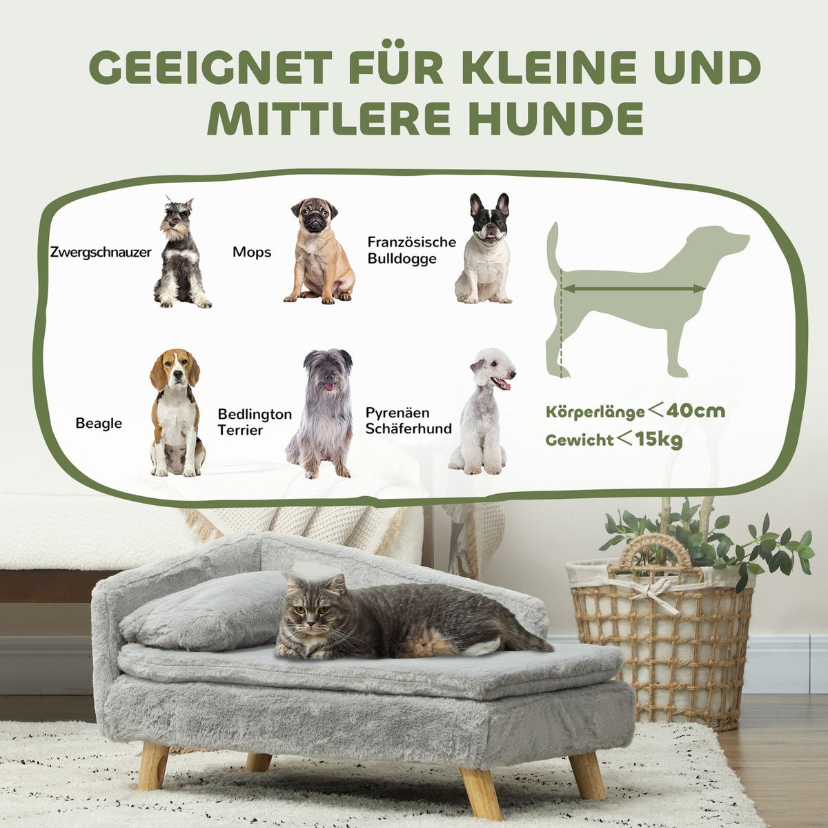 Dog Sofa for Medium Dogs, Dog Bed with Removable and Washable Cushion, Pet Sofa with Wooden Legs, Raised Design, 15kg, Light Gray