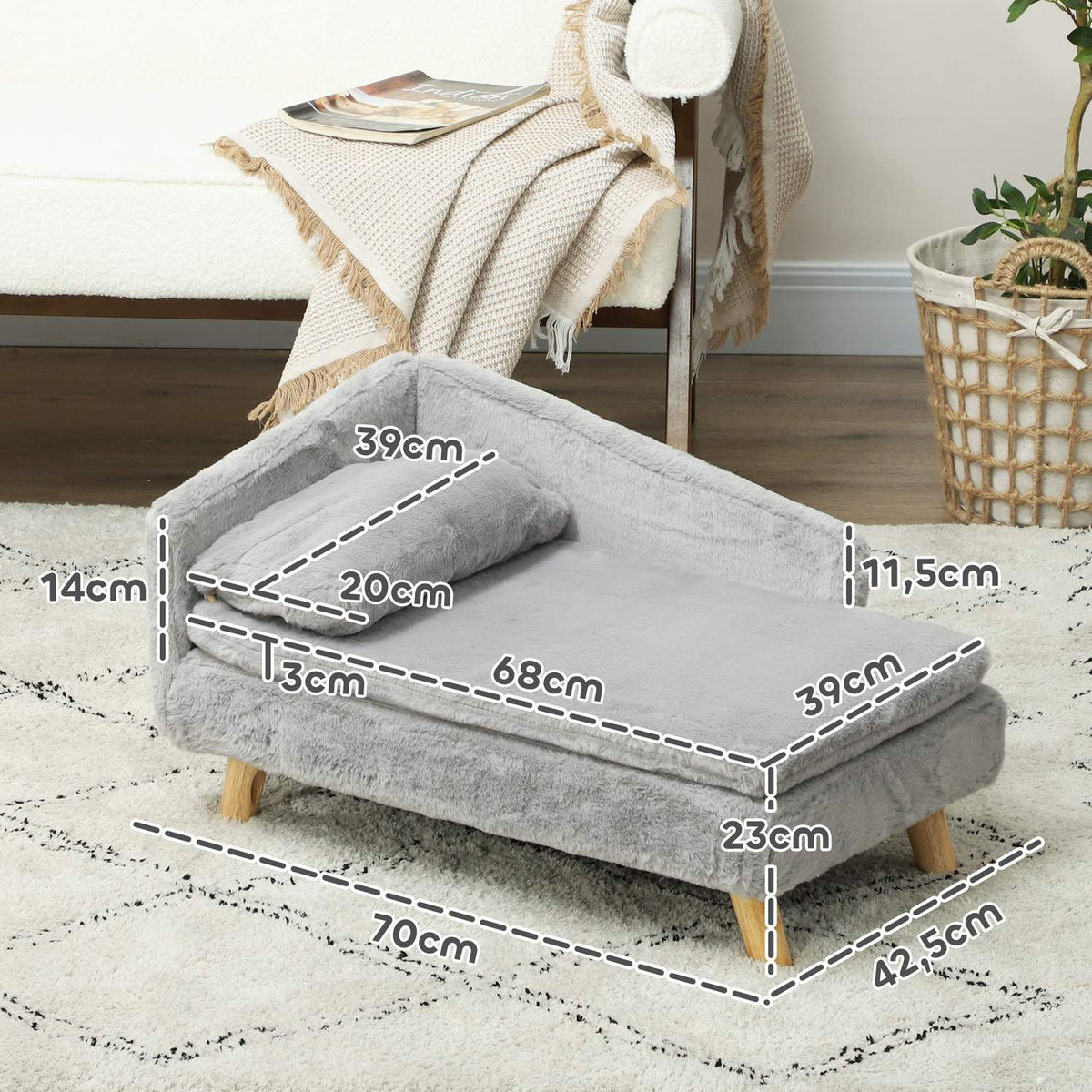 Dog Sofa for Medium Dogs, Dog Bed with Removable and Washable Cushion, Pet Sofa with Wooden Legs, Raised Design, 15kg, Light Gray