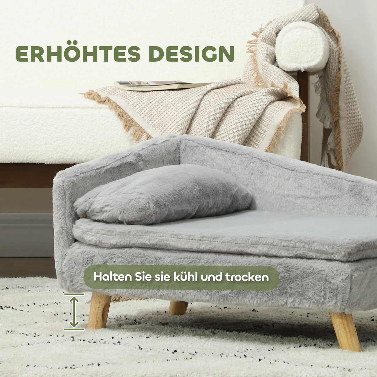 Dog Sofa for Medium Dogs, Dog Bed with Removable and Washable Cushion, Pet Sofa with Wooden Legs, Raised Design, 15kg, Light Gray