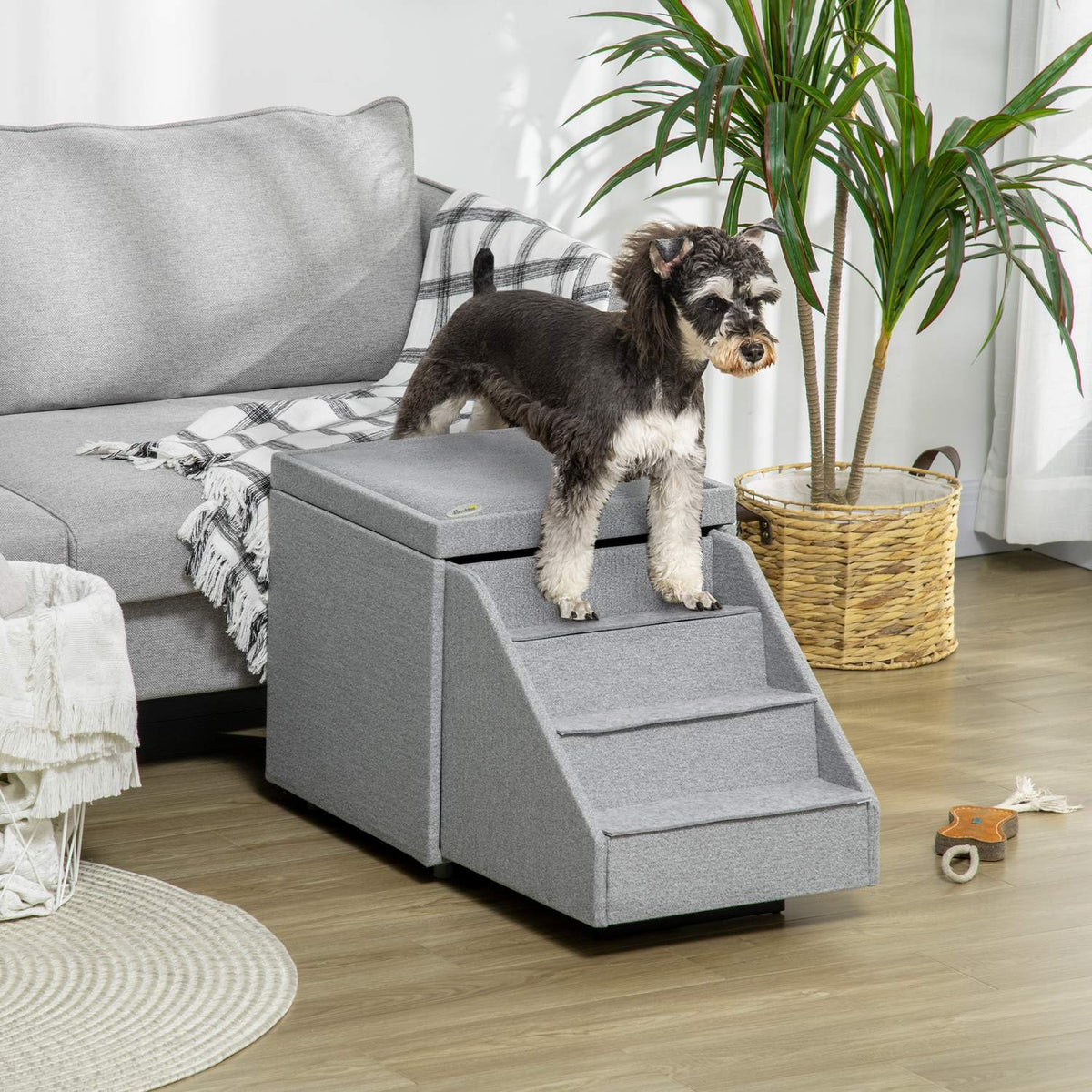 Dog Stairs 2 In 1, 4 Step Cat Stairs With Storage Space, Stool, Pet Stairs, Pet Ramp, Polyester, Light Gray