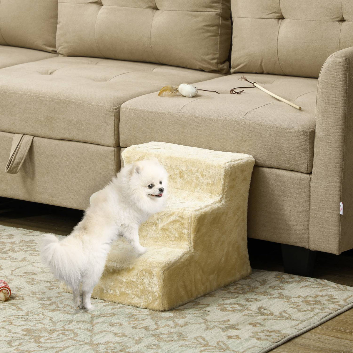 Dog Stairs 3-Step 35 cm Pet Stairs with Plush Look Cat Stairs for Bed Sofa Cats up to 4.5 kg Beige