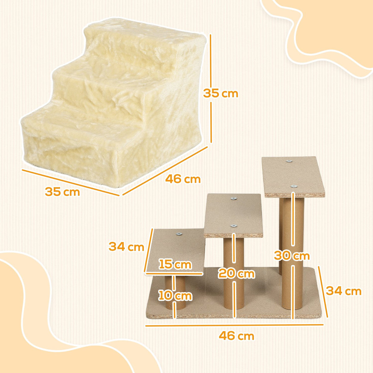 Dog Stairs 3-Step 35 cm Pet Stairs with Plush Look Cat Stairs for Bed Sofa Cats up to 4.5 kg Beige