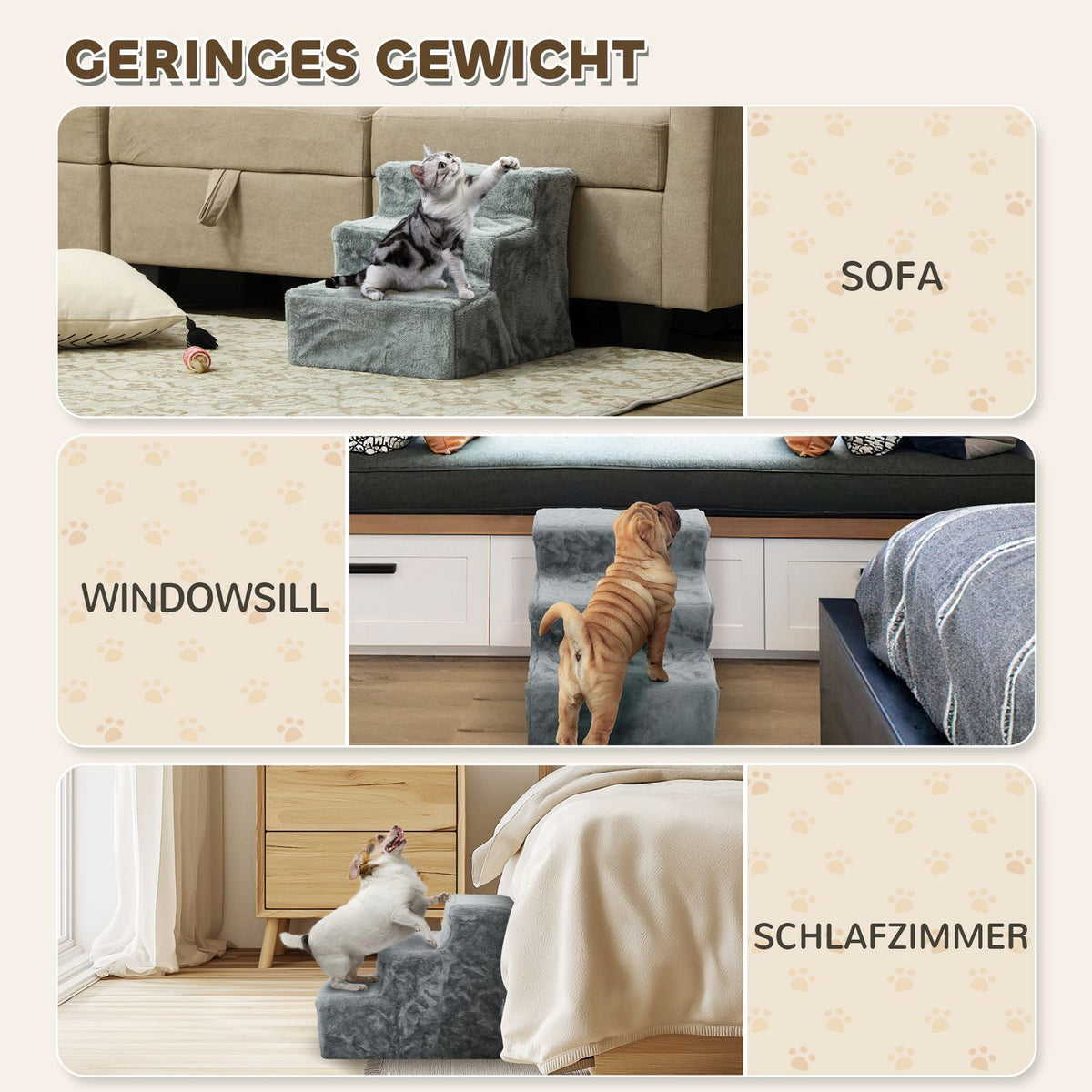 Dog Stairs 3-Step 35 cm Pet Stairs with Plush Look Cat Stairs for Bed Sofa Cats up to 5 kg Light Gray