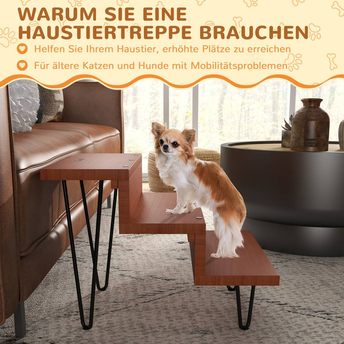 Dog Stairs 3 Steps Cat Stairs Wooden Pet Stairs Steel Legs Up To 20Kg Pet Ladder