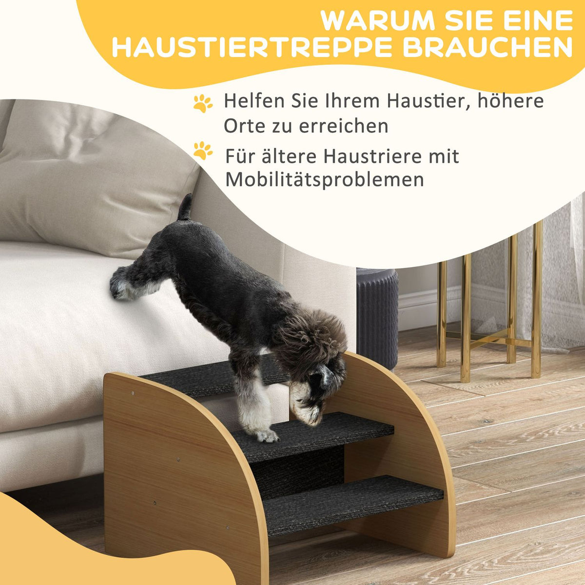 Dog Stairs 3 Steps, Pet Stairs With Side Wall, Dog Ramp For Small Dogs Up To 10 Kg, Cat Stairs For Sofa, Bed, Non-Slip, Oak