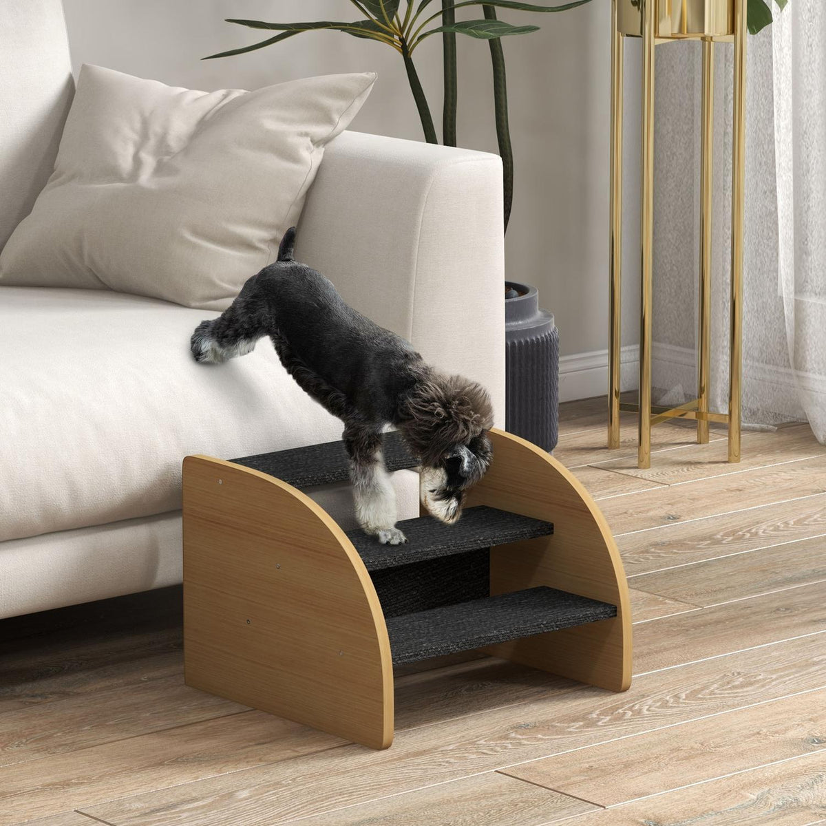 Dog Stairs 3 Steps, Pet Stairs With Side Wall, Dog Ramp For Small Dogs Up To 10 Kg, Cat Stairs For Sofa, Bed, Non-Slip, Oak