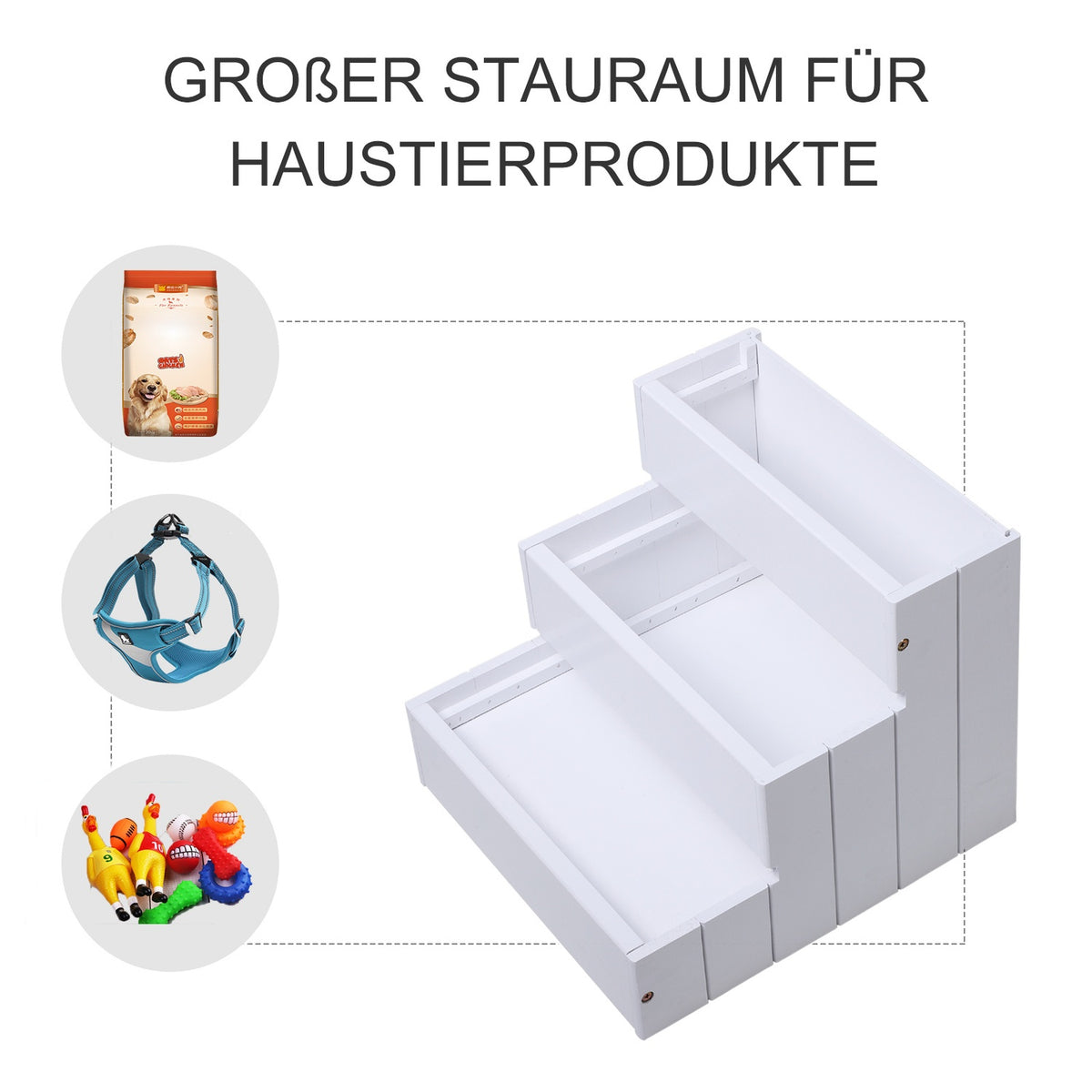 Dog Stairs Pet Stairs With Carpet Cover & Storage Space, Entry Aid, Pine Wood, White, 40.5X44.5X38Cm