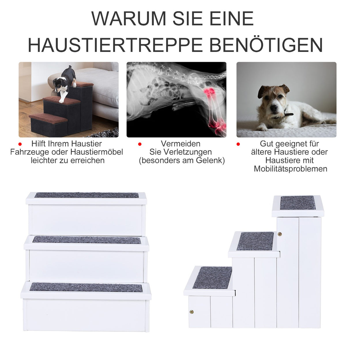 Dog Stairs Pet Stairs With Carpet Cover & Storage Space, Entry Aid, Pine Wood, White, 40.5X44.5X38Cm