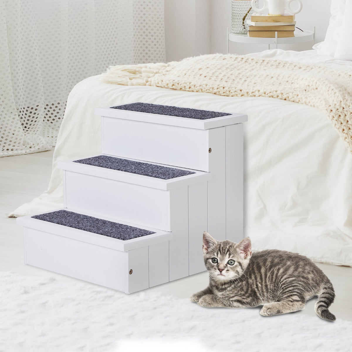 Dog Stairs Pet Stairs With Carpet Cover & Storage Space, Entry Aid, Pine Wood, White, 40.5X44.5X38Cm