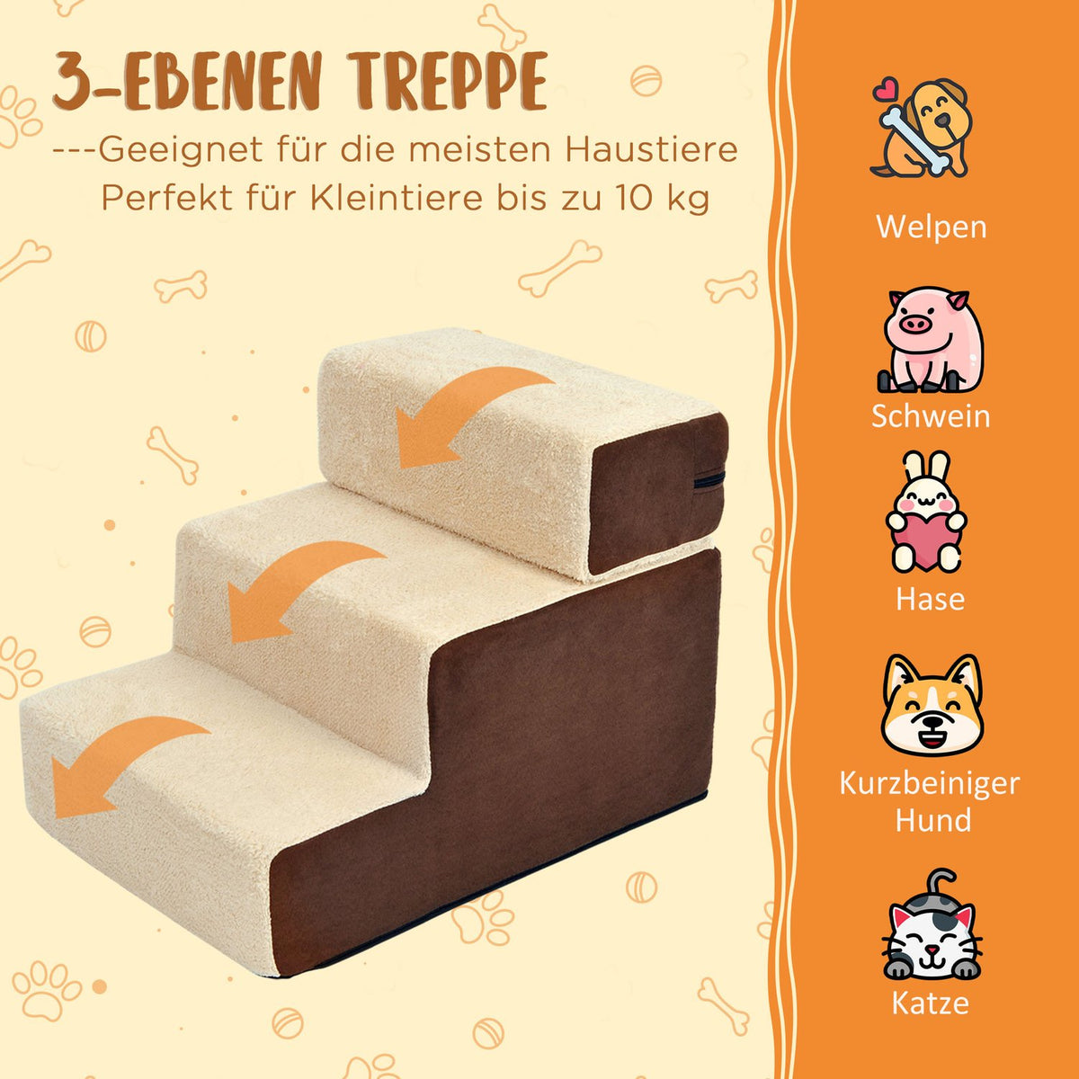 Dog Stairs Practical Pet Stairs With 3 Steps For Cats And Dogs, Plush, Beige, 54X40X39Cm