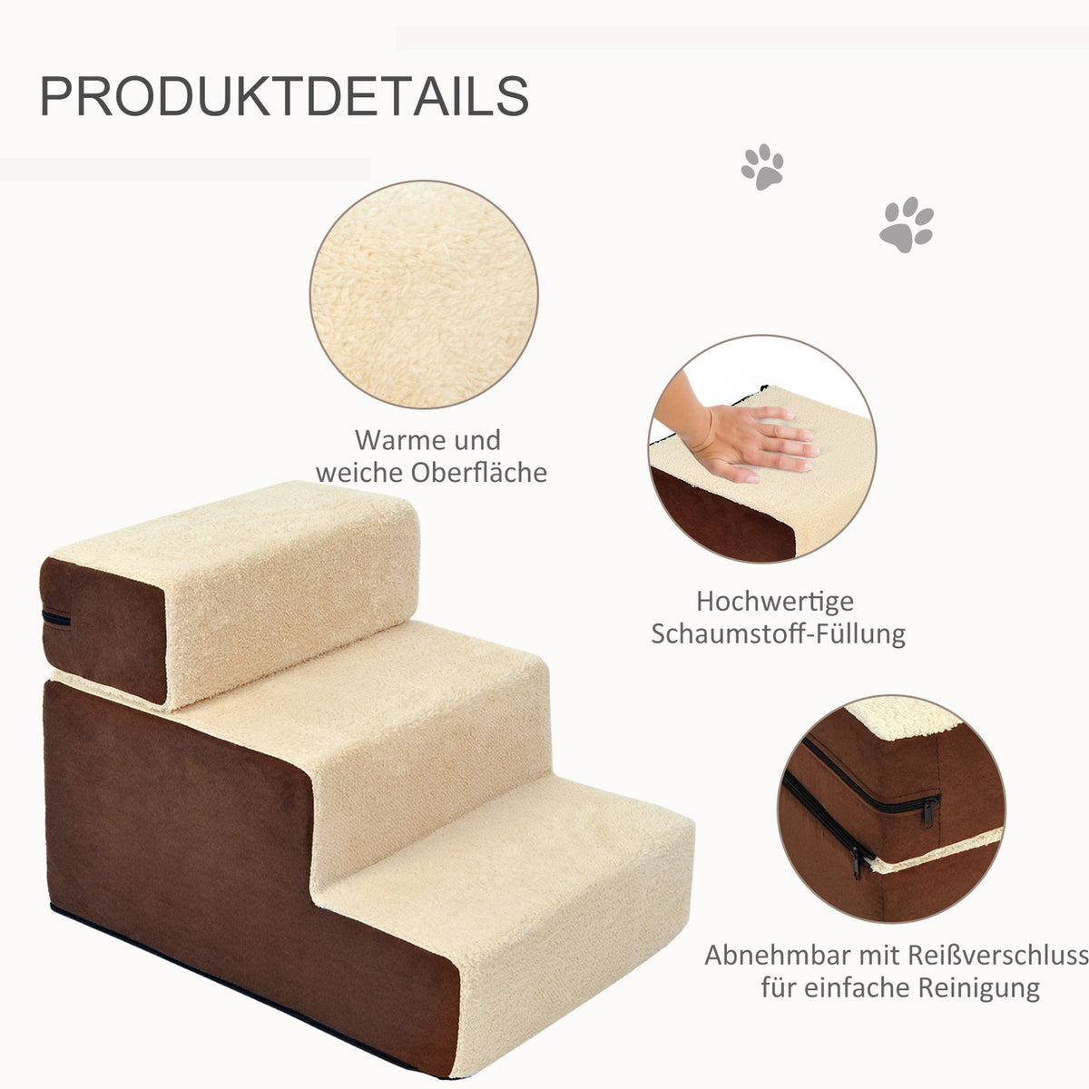 Dog Stairs Practical Pet Stairs With 3 Steps For Cats And Dogs, Plush, Beige, 54X40X39Cm