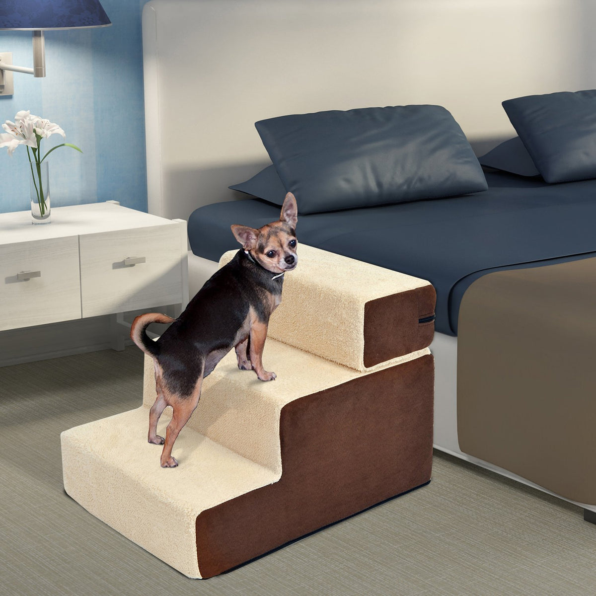 Dog Stairs Practical Pet Stairs With 3 Steps For Cats And Dogs, Plush, Beige, 54X40X39Cm