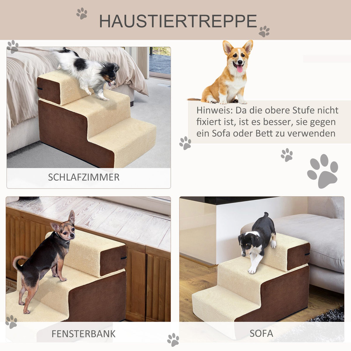 Dog Stairs Practical Pet Stairs With 3 Steps For Cats And Dogs, Plush, Beige, 54X40X39Cm