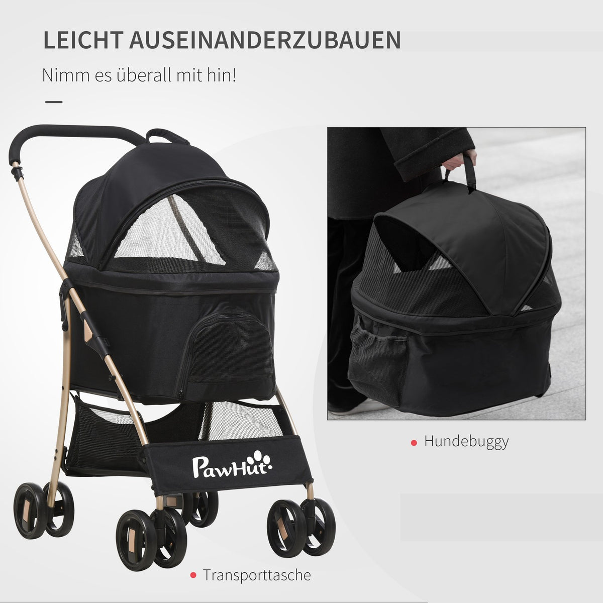 Dog Stroller 2-In-1 Dog Trolley & Carry Bag, Foldable Dog Stroller With Cushion, 4 Wheels, Mesh Window, Oxford Cloth, Black