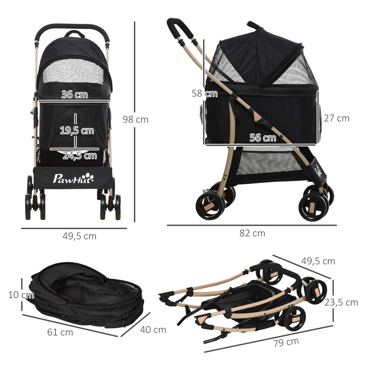 Dog Stroller 2-In-1 Dog Trolley & Carry Bag, Foldable Dog Stroller With Cushion, 4 Wheels, Mesh Window, Oxford Cloth, Black