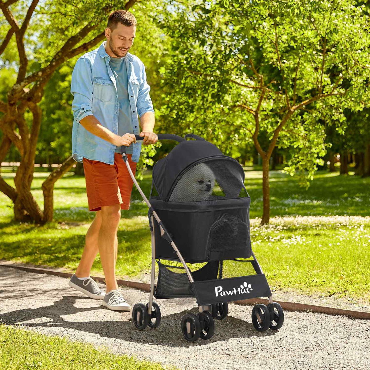 Dog Stroller 2-In-1 Dog Trolley & Carry Bag, Foldable Dog Stroller With Cushion, 4 Wheels, Mesh Window, Oxford Cloth, Black