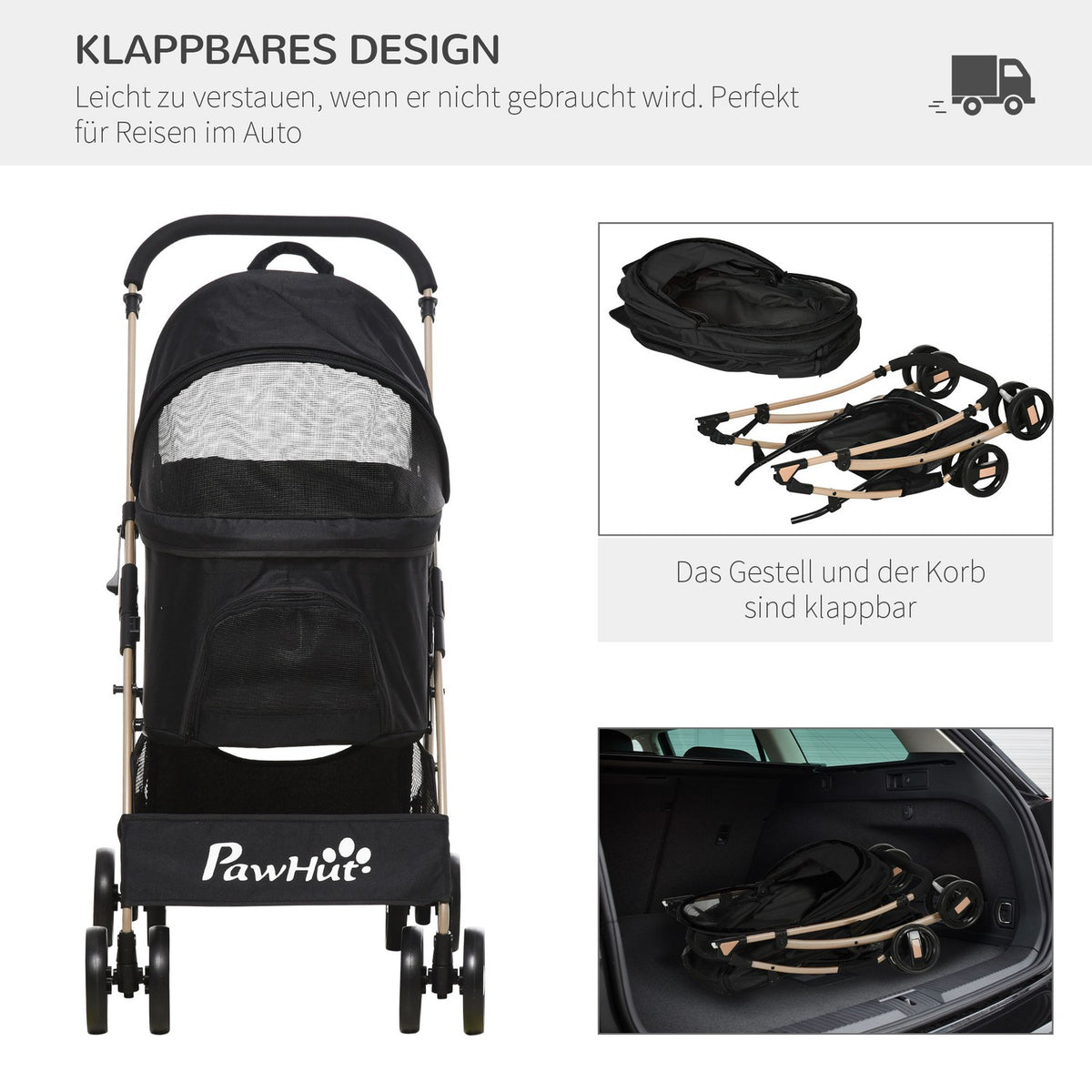 Dog Stroller 2-In-1 Dog Trolley & Carry Bag, Foldable Dog Stroller With Cushion, 4 Wheels, Mesh Window, Oxford Cloth, Black