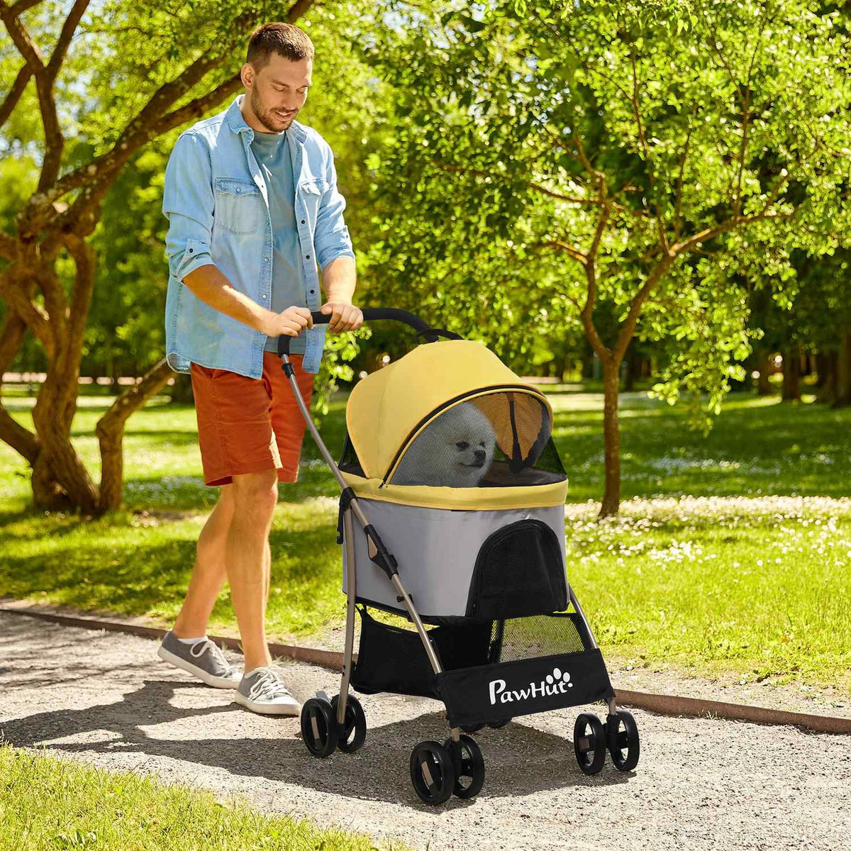 Dog Stroller 2-In-1 Dog Trolley & Carry Bag, Foldable Dog Stroller With Cushion, 4 Wheels, Mesh Window, Oxford Cloth, Yellow
