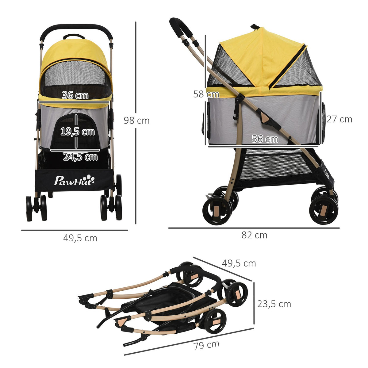 Dog Stroller 2-In-1 Dog Trolley & Carry Bag, Foldable Dog Stroller With Cushion, 4 Wheels, Mesh Window, Oxford Cloth, Yellow