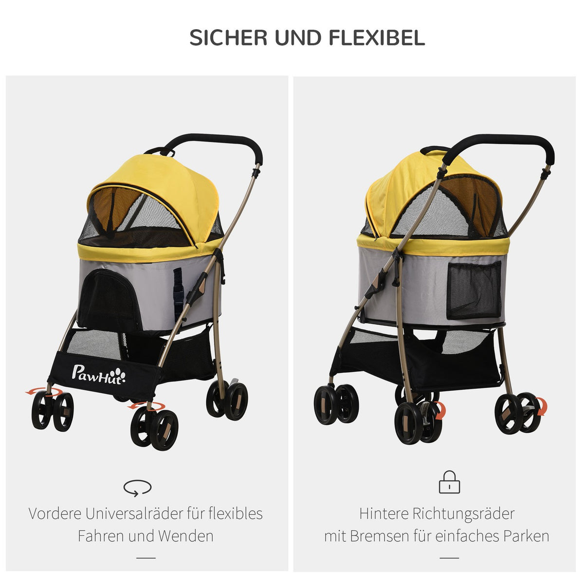 Dog Stroller 2-In-1 Dog Trolley & Carry Bag, Foldable Dog Stroller With Cushion, 4 Wheels, Mesh Window, Oxford Cloth, Yellow