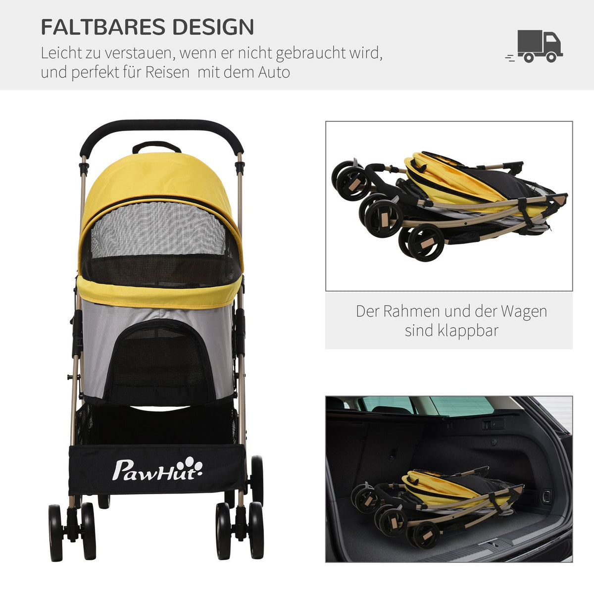 Dog Stroller 2-In-1 Dog Trolley & Carry Bag, Foldable Dog Stroller With Cushion, 4 Wheels, Mesh Window, Oxford Cloth, Yellow
