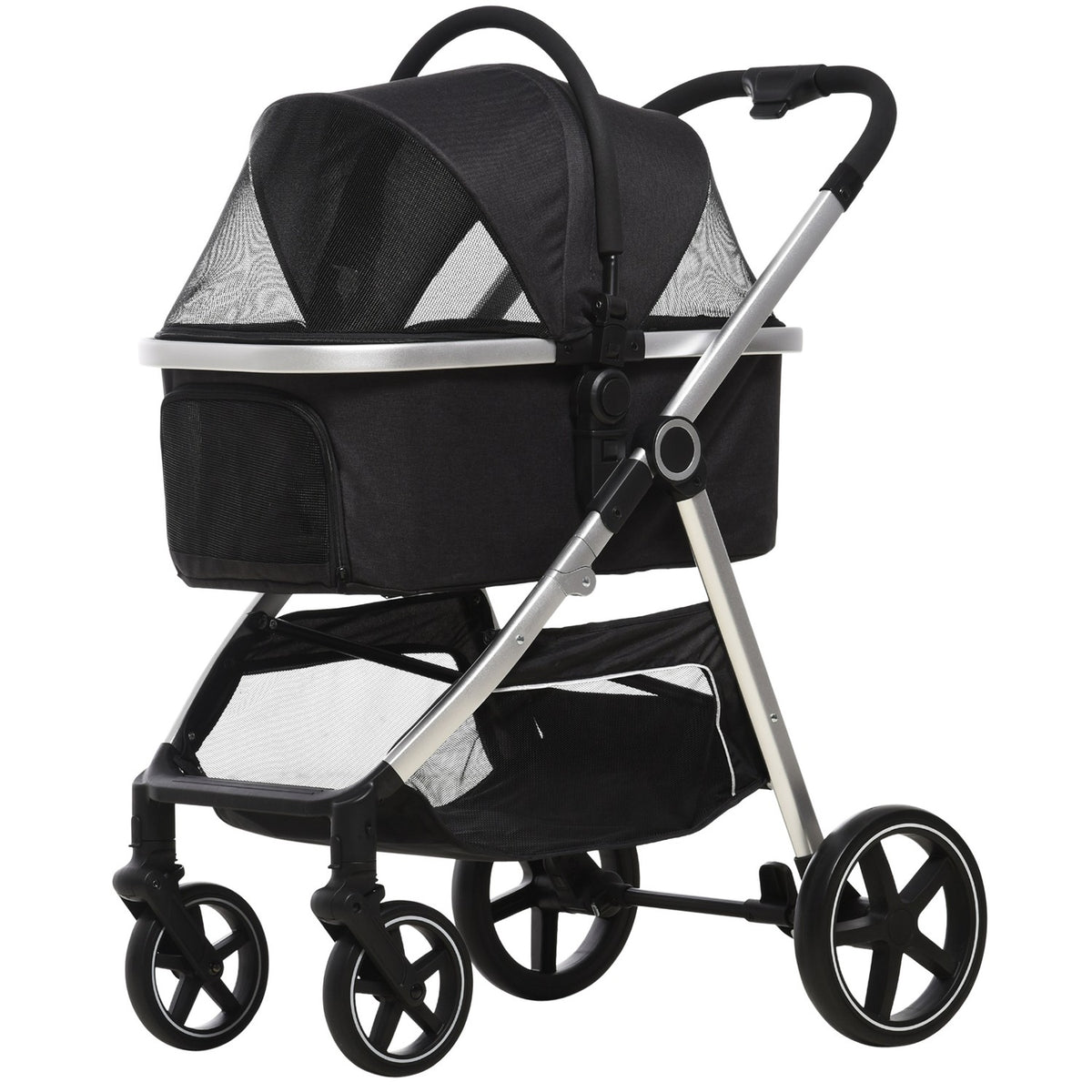 Dog Stroller, 3 In 1 Dog Stroller, Car Seat, Transport Bag, Cat Stroller With Cushion Up To 15 Kg, Foldable With Brakes, Mesh Window, Safety Lines