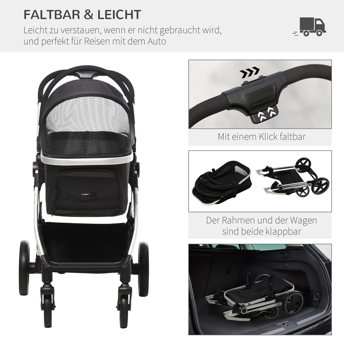 Dog Stroller, 3 In 1 Dog Stroller, Car Seat, Transport Bag, Cat Stroller With Cushion Up To 15 Kg, Foldable With Brakes, Mesh Window, Safety Lines